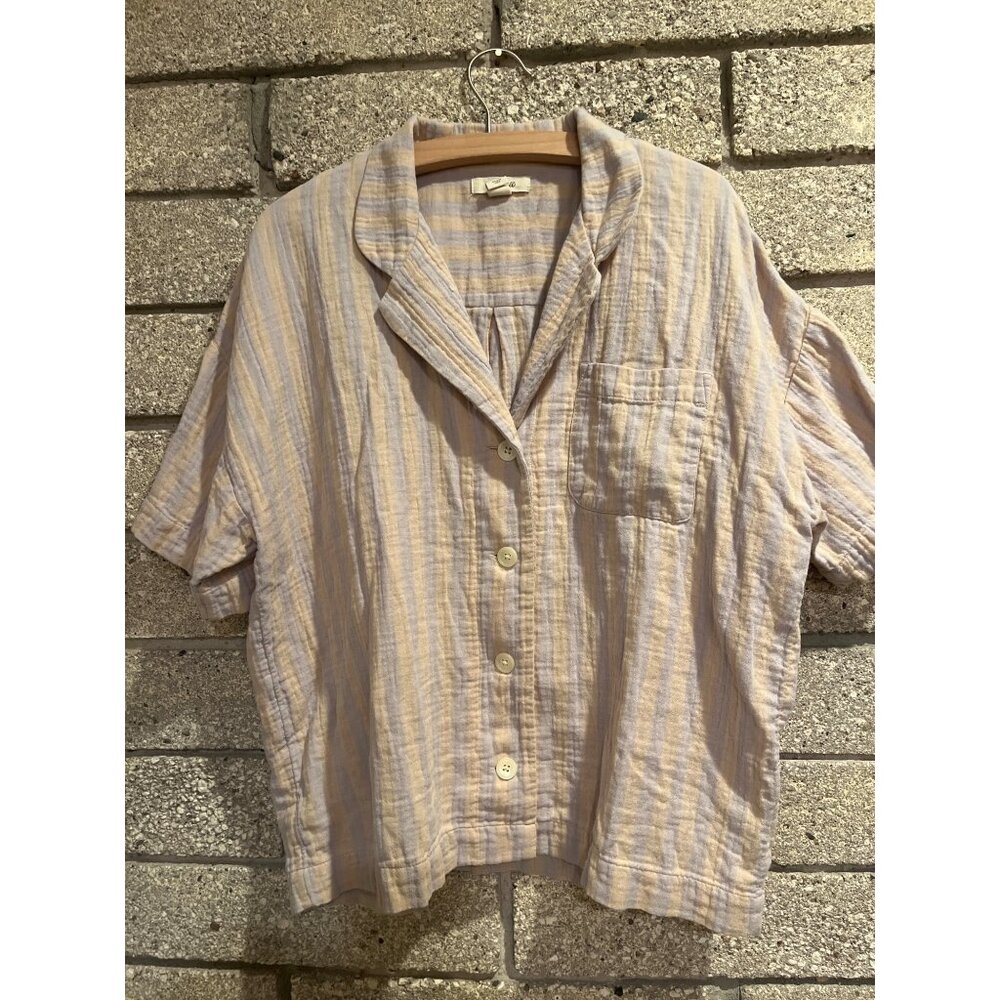 Madewell Womens Striped Gauze Button-Up Shirt L Lightweight Cotton Blend Beige &